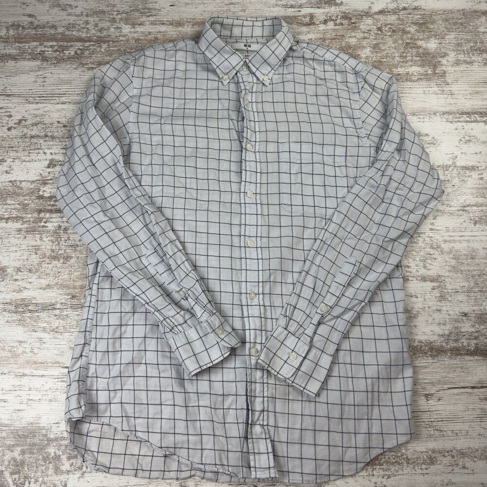 Uniqlo Mens M Slim Fit 100% Cotton Broadcloth Windowpane Check Shirt White